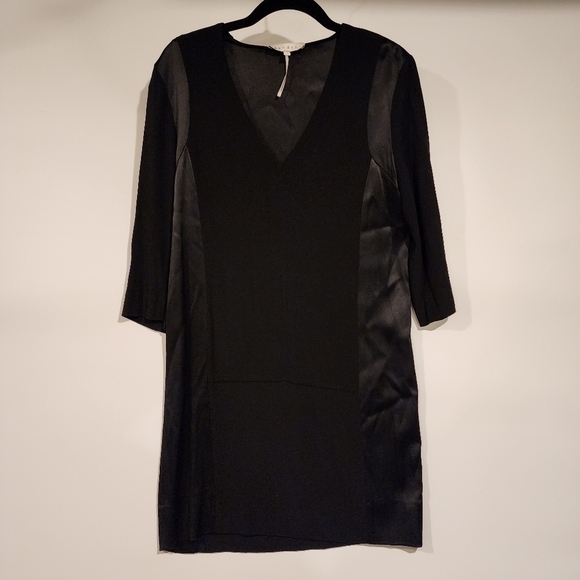 Sandro Paris Black V-Neck Satin Panel Dress 3/4 Sleeve Tunic Shift Dress sz 1 - Picture 2 of 9